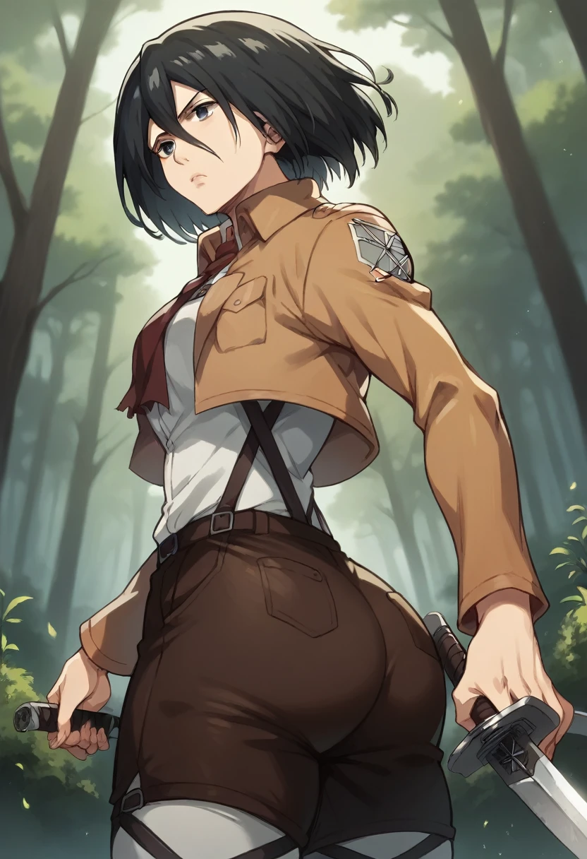 Mikasa Ackerman,  Japanese girl, black hair, dark eyes, neckline, Serious, Medium breasts, big ass, sword in hands, Forest with giant creatures in the background, 