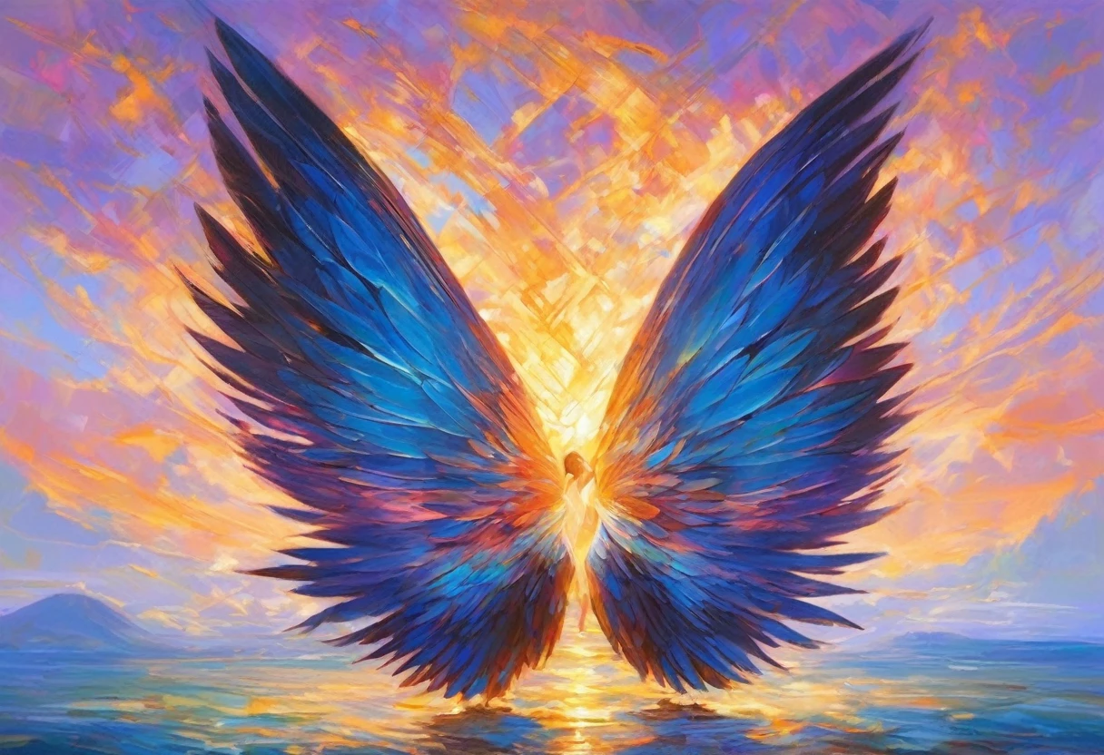 An amazing masterpiece painting of a set of wings stretched out surrounding the text "Too Much Love ?" , dynamic lighting, fine detail, best quality.