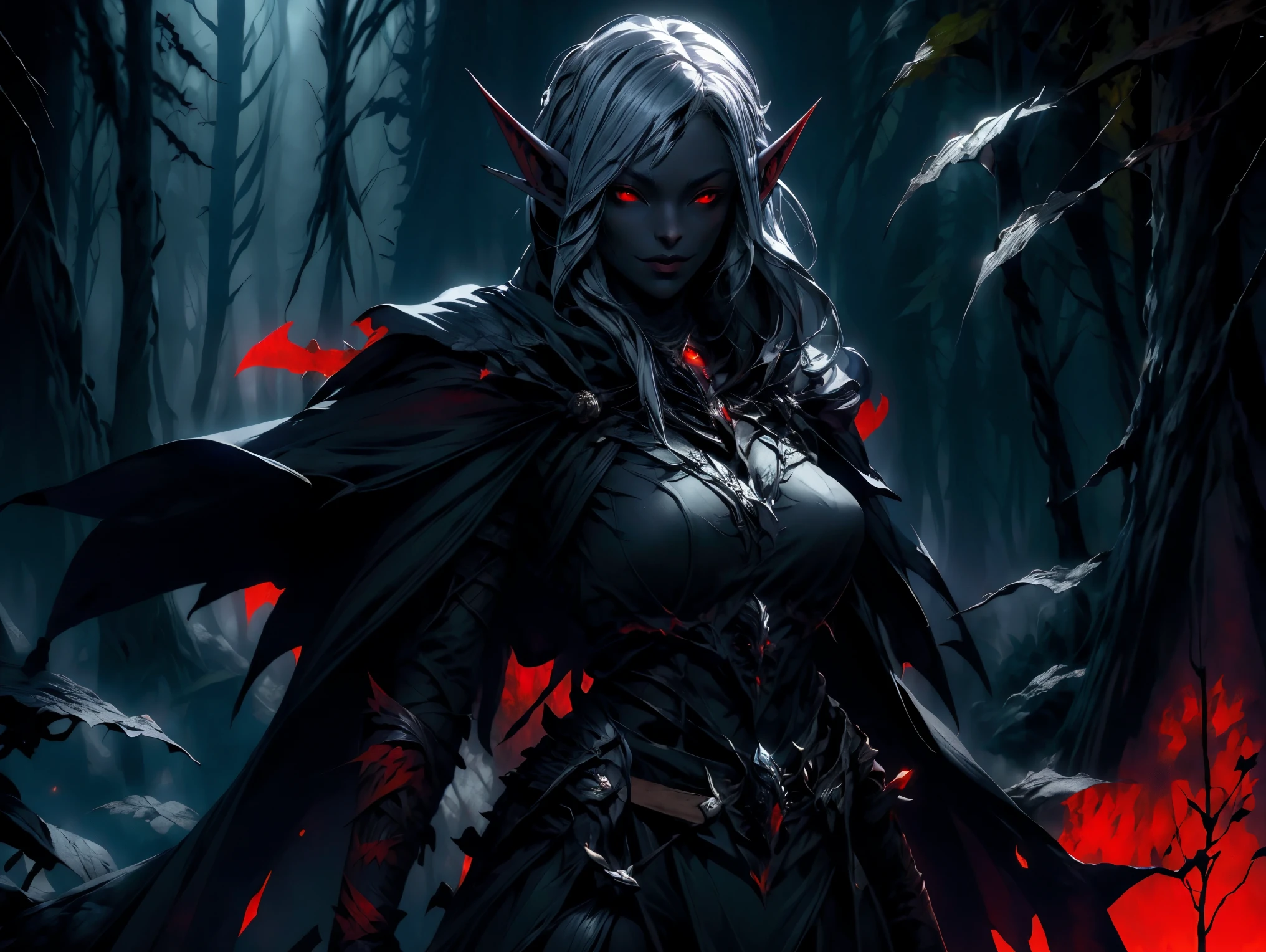 (Masterpiece, highest quality, Best Quality, Beautiful and aesthetic:1.2), upper body, Drow female with long hair, (pointy ears:1.4), hood up, (gray skin:1.3), (red eyes:1.4), (dark elf:1.5), wearing a hooded cape and belt, detailed armor with lava fire texture, looking at the viewer, bright glowing eyes, lipstick, perfect anatomy, (dark forest background with large leaves:1.3), art by Greg Rutkowski, trending on Artstation, dynamic lighting