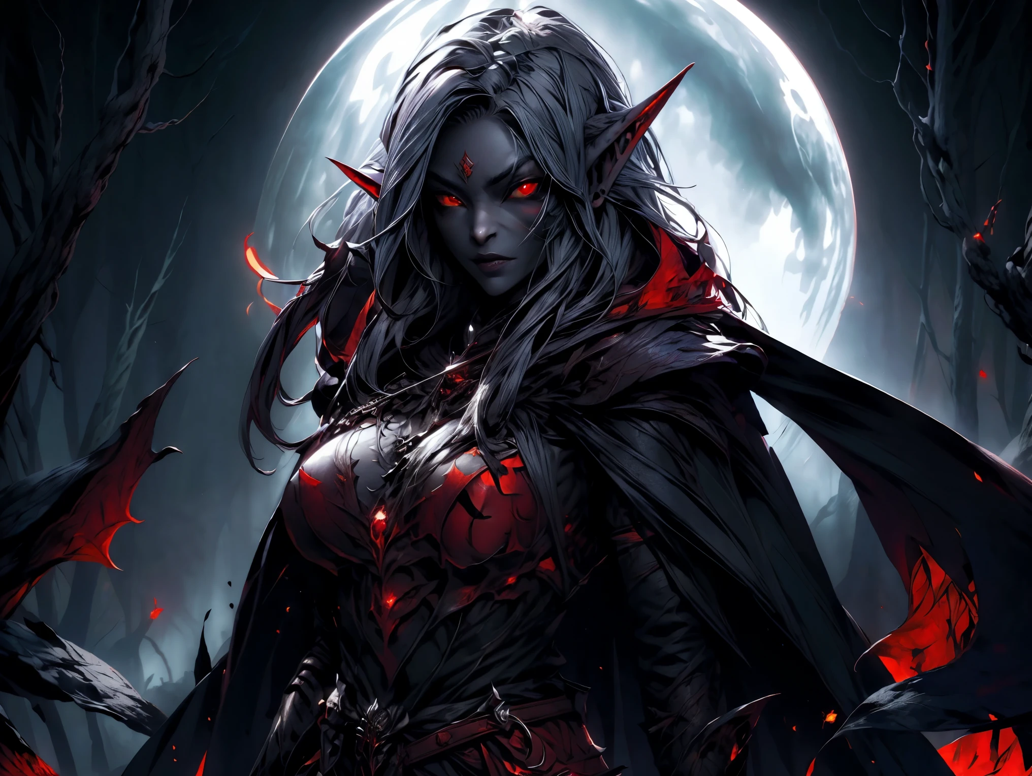 (Masterpiece, highest quality, Best Quality, Beautiful and aesthetic:1.2), upper body, Drow female with long hair, (pointy ears:1.4), hood up, (gray skin:1.3), (red eyes:1.4), (dark elf:1.5), wearing a hooded cape and belt, detailed armor with lava fire texture, looking at the viewer, bright glowing eyes, lipstick, perfect anatomy, (dark forest background with large leaves:1.3), art by Greg Rutkowski, trending on Artstation, dynamic lighting