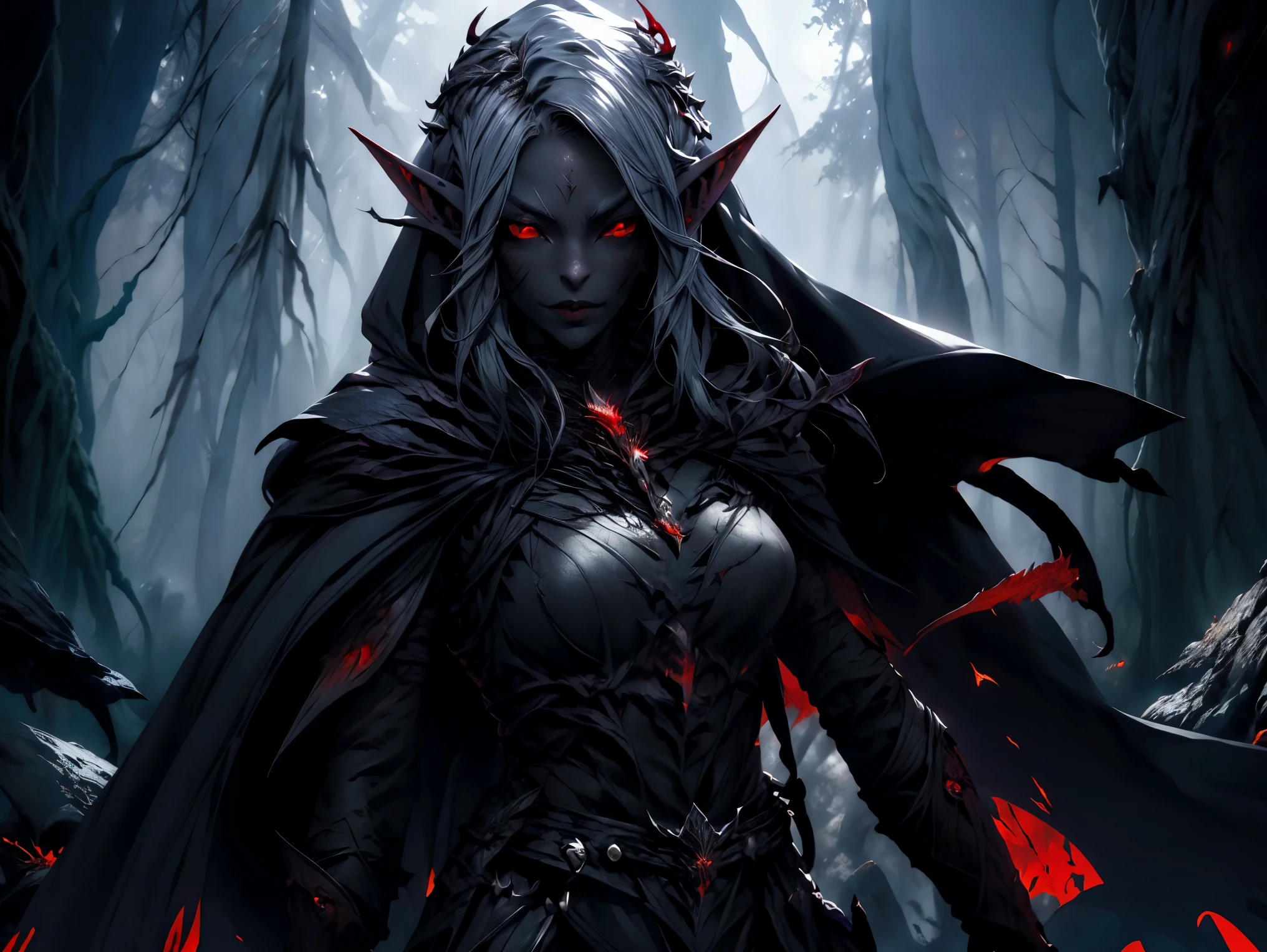 (Masterpiece, highest quality, Best Quality, Beautiful and aesthetic:1.2), upper body, Drow female with long hair, (pointy ears:1.4), hood up, (gray skin:1.3), (red eyes:1.4), (dark elf:1.5), wearing a hooded cape and belt, detailed armor with lava fire texture, looking at the viewer, bright glowing eyes, lipstick, perfect anatomy, (dark forest background with large leaves:1.3), art by Greg Rutkowski, trending on Artstation, dynamic lighting