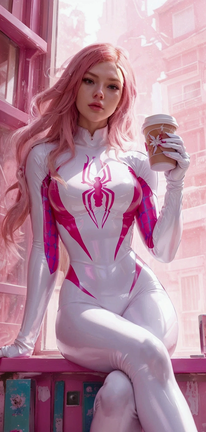  Erza Scarlet with red acebello in a white latex suit with pink with a painted pink spider is sitting on the window sill，holding a cup of coffee , - Erza scarlet, Erza scarlet, Erza scarlet, erza, Erza scarlet,  extremely detailed germ art ,  Style Art Jem , en el  Style Art Jem ,  Lois van Ross paintings ,  art styles jem ,  Just a joke ,  artger comics 