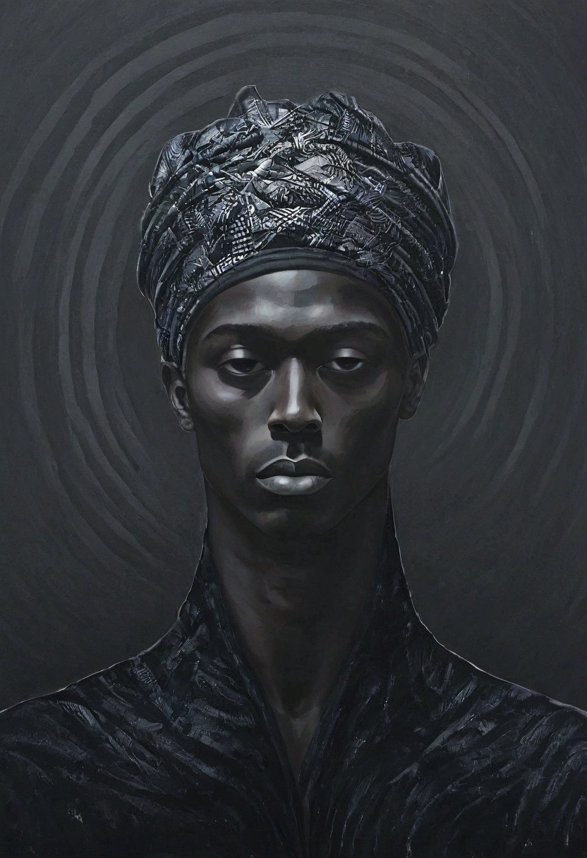 A dark-toned african figurative painting of a male figure, blending abstract and realism. The male figure is partially cloaked in shadows, with light softly illuminating parts of his form. Abstract shapes and patterns surround him, merging with his figure, symbolizing introspection and resilience, overlay Color curve，The color palette is moody with deep blacks, shades of charcoal, and hints of silver, creating a sense of depth and mystery. The artwork captures the beauty of the human form without overtly sexualizing it, using abstract elements to evoke a universal sense of inner strength and reflection."