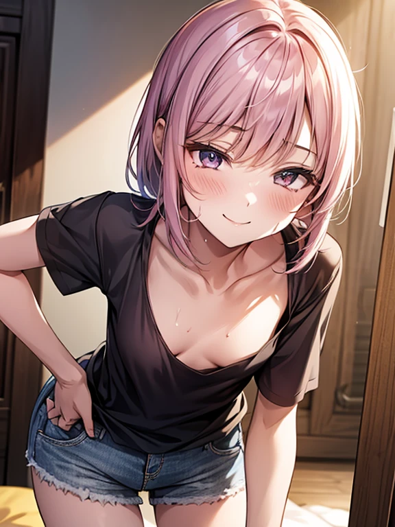 (1 girl),(Best Picture Quality, 8K, Masterpiece:1.3), (high  student:1.5), ((pink lob hair:1.1)), (bob cut),(swept bangs), (cute eyes, pupil black, iris skyblue, youthful face), (mole under right eye), (standard weight), (small breasts),(big hip), (glistening skin:1.1),(pale skin:1.2),((camisole,pleated skirt)),(Smile),((fog skin:1.1)),(on one knee),(pee stain),(She is holding pink panties with both hands that have a dirty crotch part).