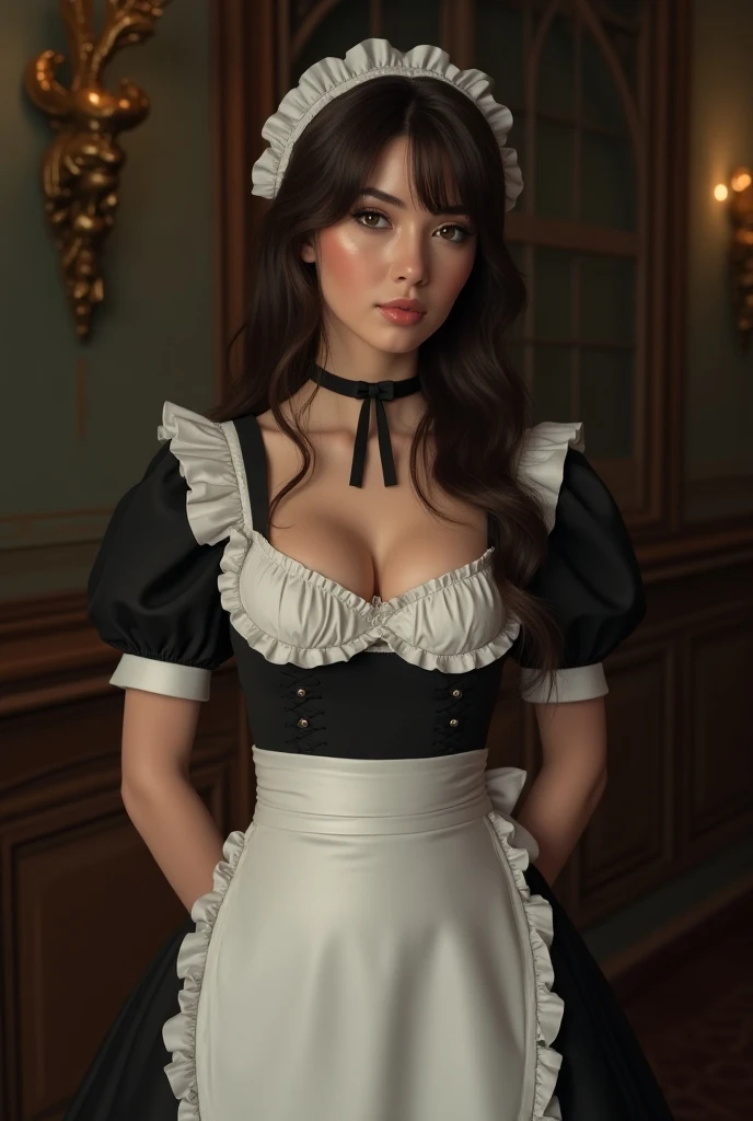 a beautiful maid in a classic french maid outfit, high quality, highly detailed, intricate details, realistic, cinematic lighting, porcelain skin, long black hair, big green eyes, small pink lips, elegant and refined, standing in a luxurious room interior, warm colors, chiaroscuro lighting, photorealistic, 8k, masterpiece