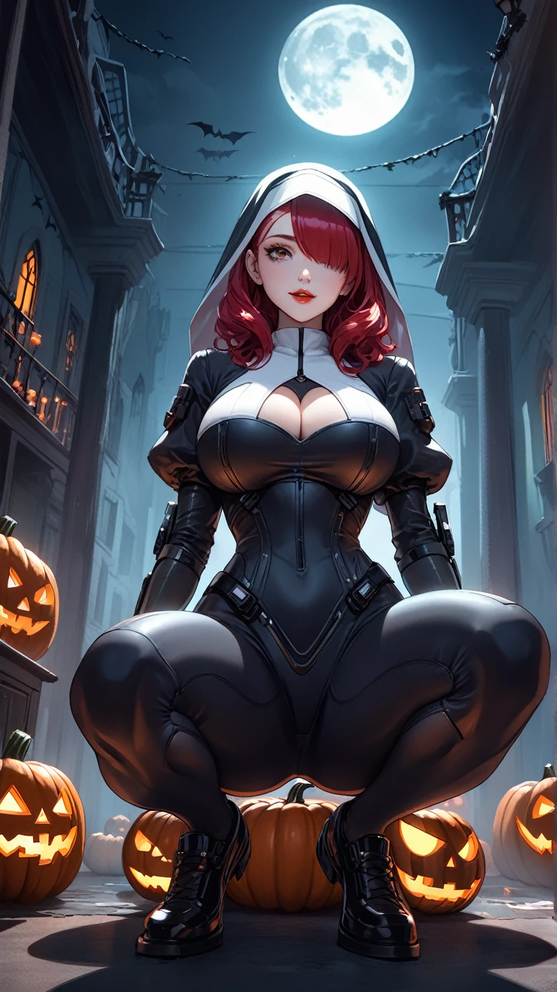 gwen tennyson,tracer,yorha 2b,rebecca chambers,atelier ryza,overwatch,1girl, close up,mecha pilot,halloween village, white and red plugsuit,hair pin,pirate corset,silver long sleeve lycra top,black leggings,short hair,cute makeup, green eyes,orange and golden hair,shy smile,freckles,redhead,beautiful girl,large breasts,ultra detailed,realistic,fantasy art,victorian dress,halloween pumpkin, moonlight,silver earrings,steel armor, vampire cloak,