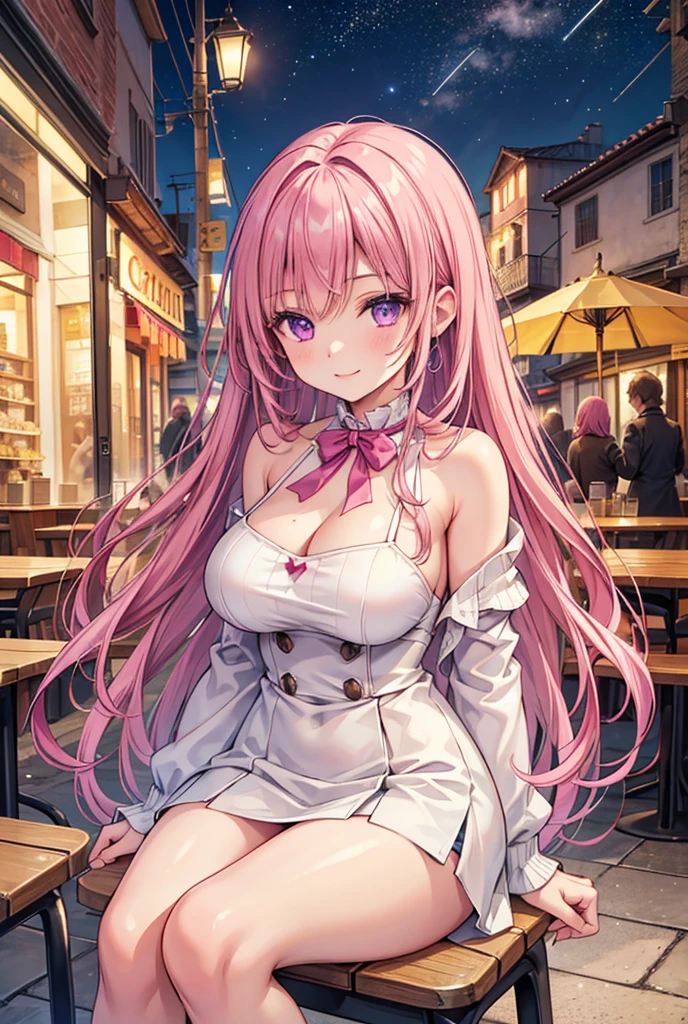  1 girl, solo,  High Resolution , Long Hair, (Large Breasts), smile, Woman in her 20s, Pink Hair,  simple background, Violet eyes,  High Resolution , masterpiece, accurate,  anatomically correct,  Multiple Award Winners , 最high quality,  detail, 高い detail,  high definition models, high quality, Retina,  very detailed ,  textured skin,  ultra-fine, Highlight the whole body, White knit,  Beige Miniskirt, Sit on a chair, autumn, night, Italian Streetscape , Italian cafe ,  with coffee, Bare legs, Terrace seats, Starry Sky,