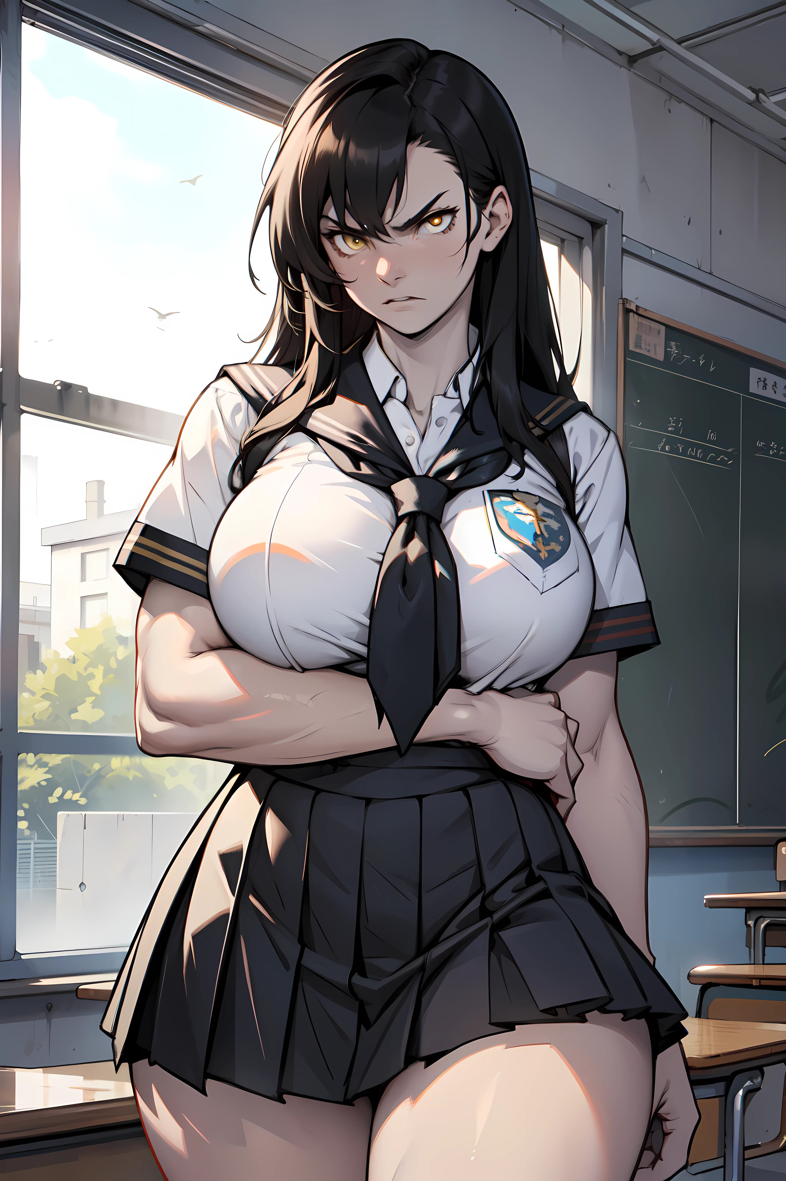 (best quality:1.2), 1girl, (fisheye, on side, confused, gradient hair, long hair, spiked hair, quad braids, large_breasts, classroom),