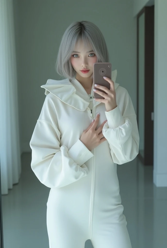 photorealistic, 8k, best quality, 1girl, bottom, wavy long white hair, pale Chinese, gray eye, mole below eye, thick eyebrows, freckles, sweatshirt, shorts, small chest, small waist, wide thighs, space between thighs, standing, in front of bed, immense sensuality, movie light,