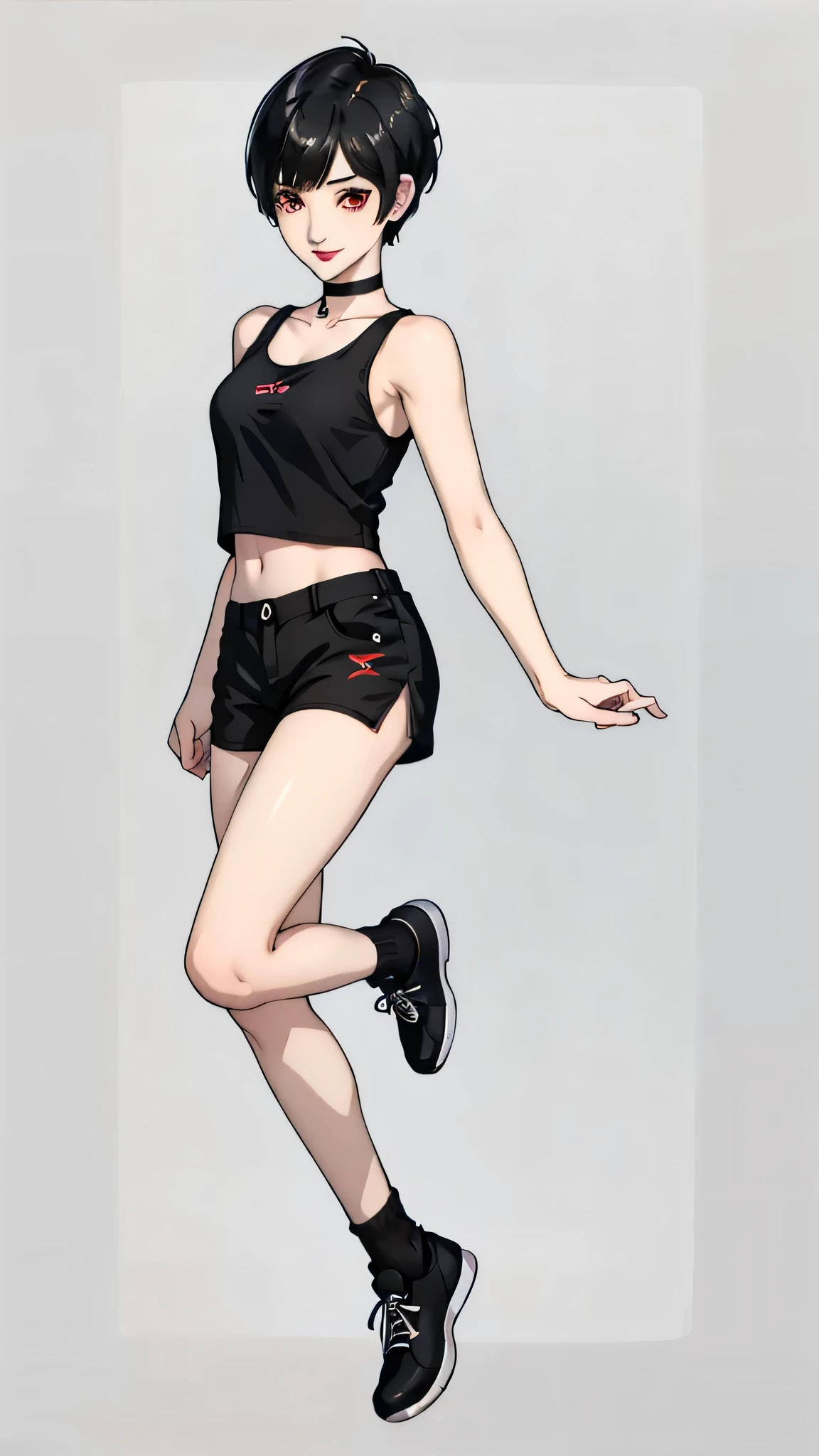 1 girl, very Short hair, black hair,tomboy Pixie haircut, red eyes, black lipstick, black choker, full body , white tank top, shorts, socks, shoes, front face, white background, front face, smile,  