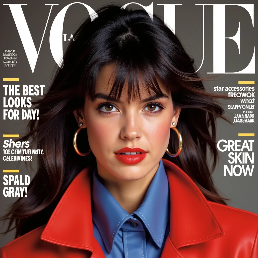 This image features the cover of an October issue of *Vogue* magazine, prominently displaying a close-up of a young woman named phoebe with classic 1980s fashion and styling. Her face is the main focus of the cover, with her striking features, including well-defined eyebrows, dark eyes, and a signature beauty mark above her upper lip. She is wearing bold, shiny gold hoop earrings that add a touch of glamour and contrast against her minimal makeup.

Her makeup is sophisticated yet understated, with soft, neutral tones enhancing her natural beauty. She wears a light foundation, subtle blush, and bold, red lipstick, giving her a timeless, polished look. Her voluminous, tousled hair is styled in a slightly wavy, blown-out fashion, typical of 1980s trends, with rich brown tones and soft highlights.

She is dressed in a bright, high-fashion ensemble. A vibrant red jacket with structured shoulders is visible, over which she wears a blue scarf or blouse with a large, pointed collar. The contrast between the red and blue adds visual interest and evokes the bold color combinations often seen in 80s fashion.

The *Vogue* logo is displayed in large, white letters across the top, partially obscuring her hair. Headlines are positioned to the left and right of her face, promoting the content inside the magazine. Phrases such as “THE BEST LOOKS FOR DAY,” “star accessories!,” and “GREAT SKIN NOW” hint at the issue's focus on fashion, beauty, and skincare tips. Other smaller headlines mention names like David Byrne, Spalding Gray, and Jane Fonda, suggesting celebrity features within the issue.

The overall aesthetic of the cover is luxurious, with a strong emphasis on high fashion and timeless beauty, characteristic of *Vogue*’s iconic editorial style during this era. The image perfectly captures the glamour and bold style choices of the late 1980s.