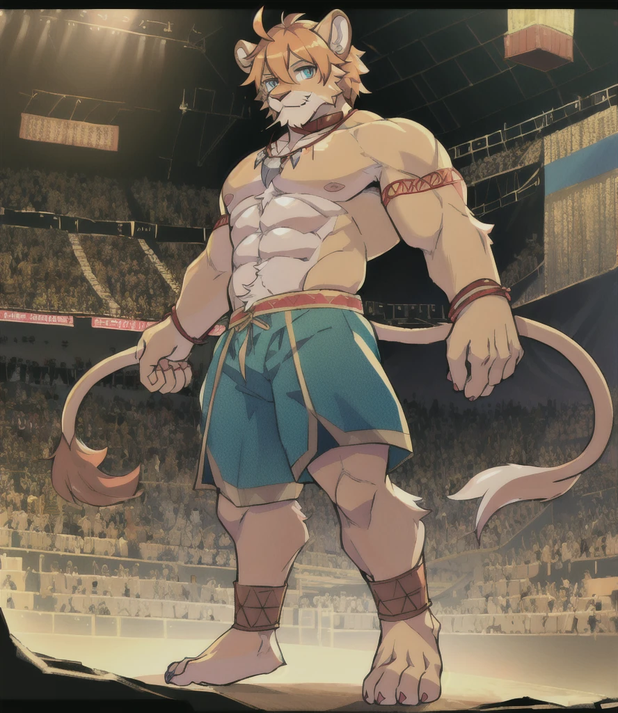 Born, masterpiece,  best quality, Realistic, hi res, An absurd solution, Complex eyes,  Intricate Weave , Detailed lighting, high detail, ,  Describe the depth of the border  ,
  beautiful eyes, Detailed eyes,
Arena,
(Alone),   furry  ,  anthro , kemono, Lion, , thin, (Muscular body:1.15), adult,Age 30, male,  bodybuilder,Hercules,Strongest,,Golden Collar,ゴールデン bracelet,
Body hair, Tail tassel, moustache,Meatballs, blue eyes,
Hair tied up, Hair between the eyebrows ,Ahoge, side lock,Cross Bun,
standing, smile,knees,ankle,Toes, Long body,Long arms,Long limbs,Long limbs,Long limbs,Long limbs,
,necklace,, bracelet, Blue shorts,