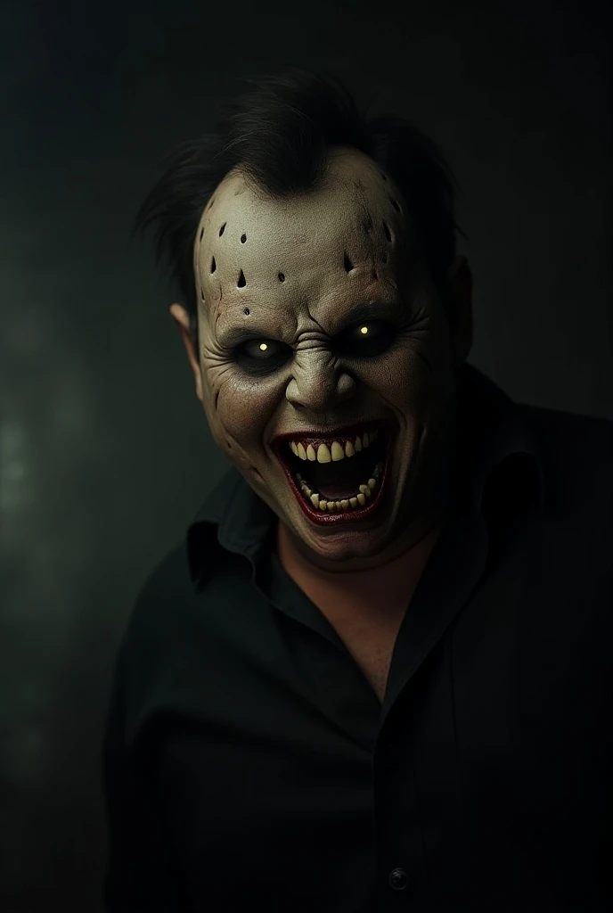 a man possessed by a wolf, horror, dark twisted fantasy, highly detailed face, beautiful detailed eyes, sharp fangs, glowing yellow eyes, clawed hands, torn and tattered clothing, dramatic lighting, moody atmosphere, dark colors, gritty, cinematic composition, 8k, high resolution, masterpiece