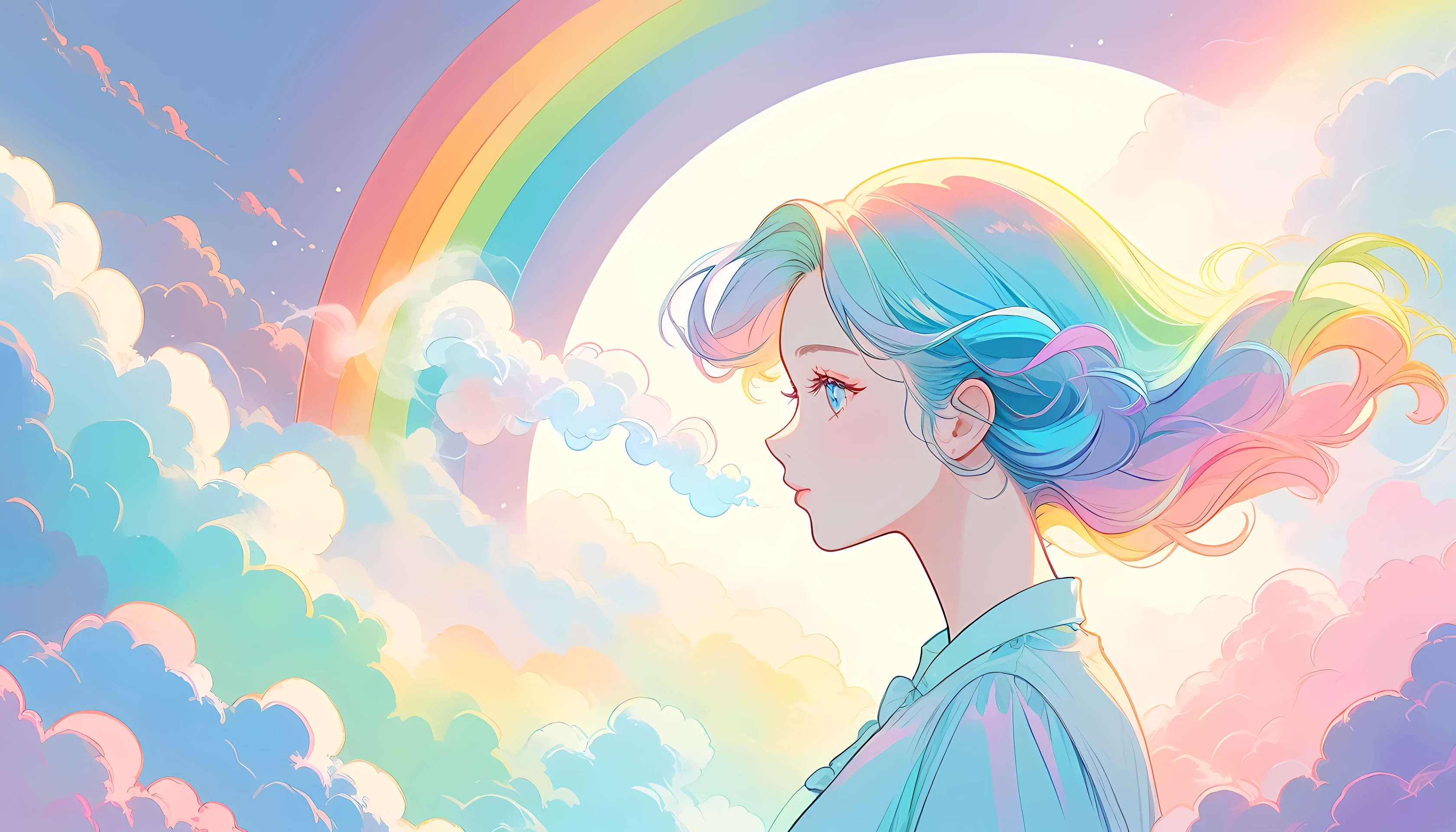 Soft Pastels, Cartoon style illustration, depicts a woman watching the world while experiencing an illusion, stones cast on , Profile picture , Splash Pastel Colors , (soft Rainbow glowy smoke) Movement effect , highest quality, Wallpaper Art, Ultra High Resolution , Center image, M Schiffer art , ((Flat Color)), (Cell shading style) very bright neon colors , ((Low saturation)) tilt, Rainbow,