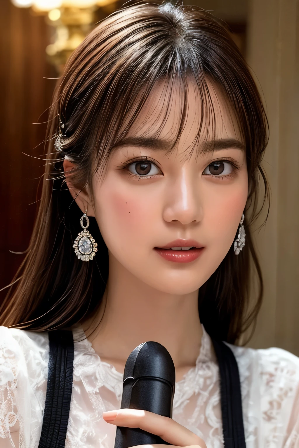 The high resolution photograph of a Japanese actress, (realistic, photo-realistic:1.4), (best quality, masterpiece:1.2), RAW photo, intricate details, extremely detailed, insanely detailed, incredibly detailed, sharp focus, looking at the camera, 1girl, Erika Ikuta, seductive clothes, necklace, earrings, jewelry, detailed face, beautiful detailed eyes, beautiful pupils, pale skin, (realistic black dildo in hand:1.2), photo background, indoors, high-class hotel,