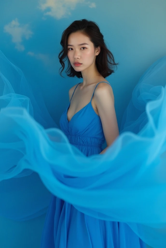 Woman in front of a blue dress - SeaArt AI