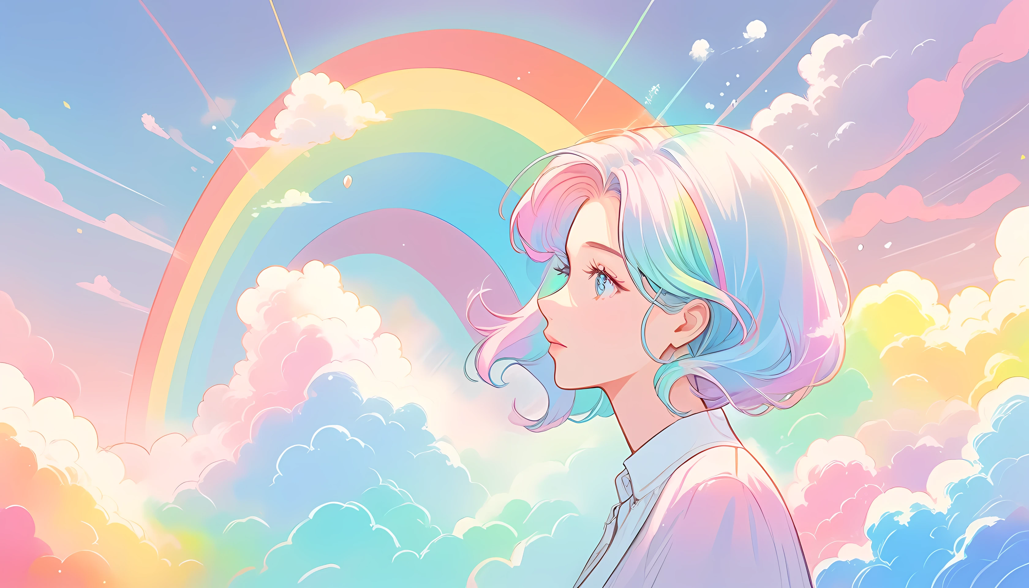 Soft Pastels, Cartoon style illustration, depicts a woman watching the world while experiencing an illusion, stones cast on , Profile picture , Splash Pastel Colors , (soft Rainbow glowy smoke) Movement effect , highest quality, Wallpaper Art, Ultra High Resolution , Center image, M Schiffer art , ((Flat Color)), (Cell shading style) very bright neon colors , ((Low saturation)) tilt, Rainbow,