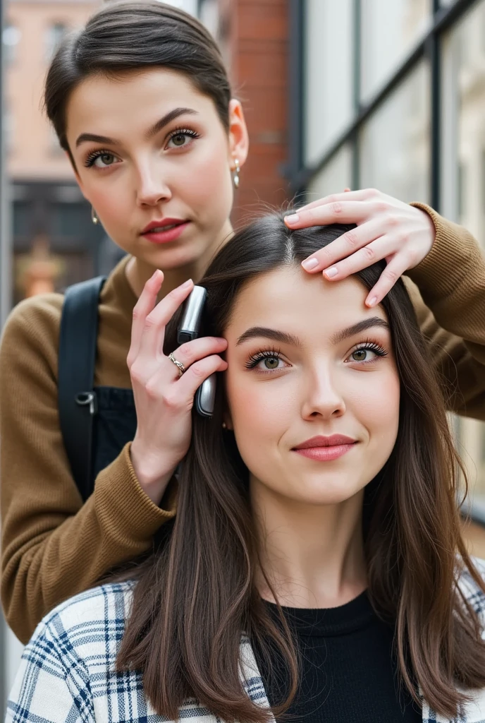 2 women, (((one woman her head is shaved completely bald to pale skin))). (she is holding hair clippers which are shaving the other woman's head, hair has been cut off using them to shave the head of the other woman)). The other woman has (half a head of very long hair the other half of her head is bald).
