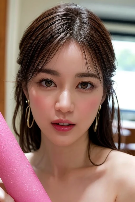 The high resolution photograph of a Japanese actress, (realistic, photo-realistic:1.4), (best quality, masterpiece:1.2), RAW photo, intricate details, extremely detailed, insanely detailed, incredibly detailed, sharp focus, looking at the camera, 1girl, Erika Ikuta, seductive clothes, necklace, earrings, jewelry, detailed face, beautiful detailed eyes, beautiful pupils, pale skin, (licking a realistic pink dildo:1.2), photo background, indoors, high-class hotel,