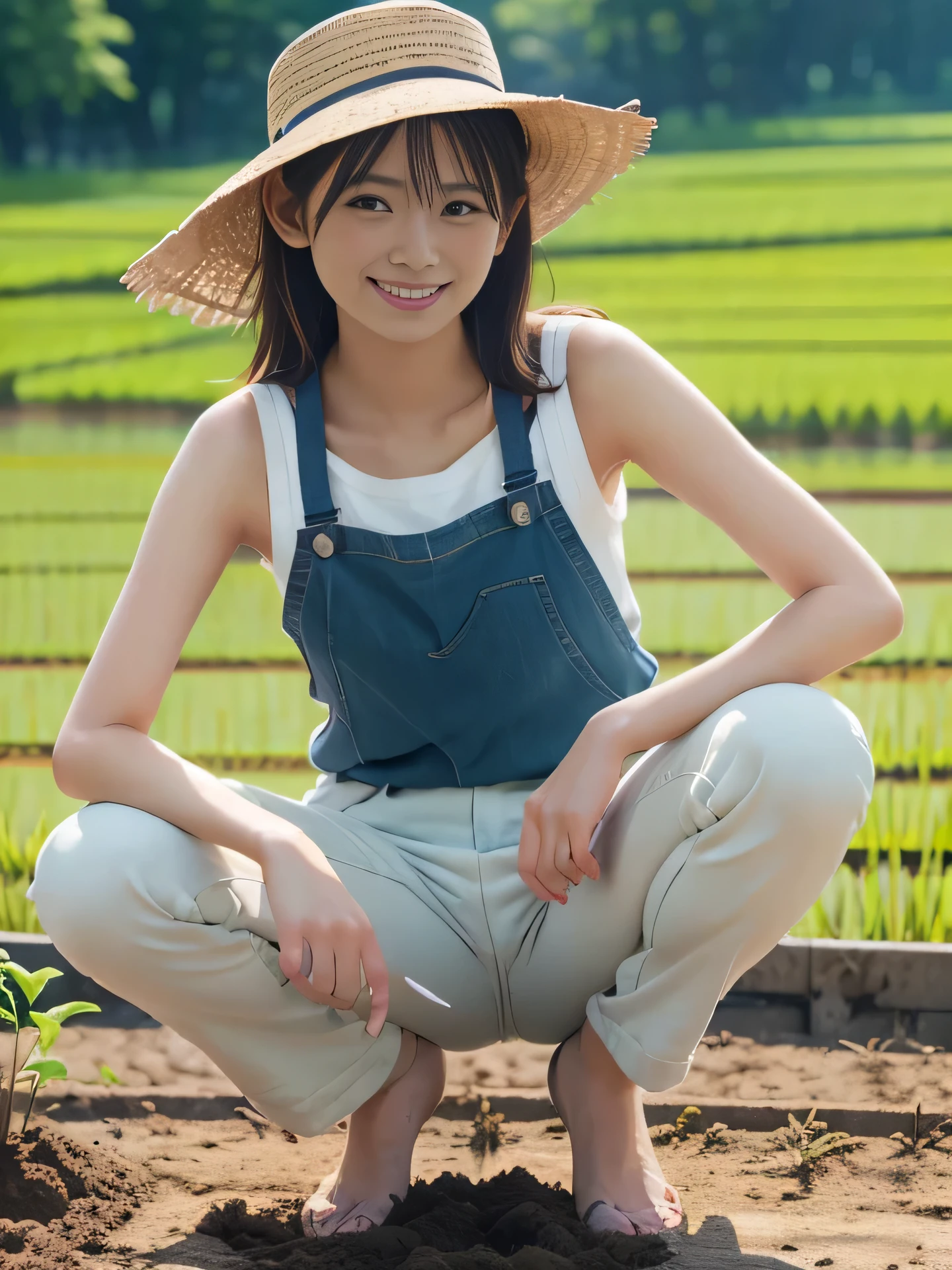 Beautiful woman, smile, topless,Underless、 Wearing only oversized overalls, Horticulture, Muddy, Covered in mud、plant, (Spread your legs, Sitting, spread:1.2), Highest quality, Very detailed, Realistic, photoRealistic:1.37, Professional Lighting, Bright colors