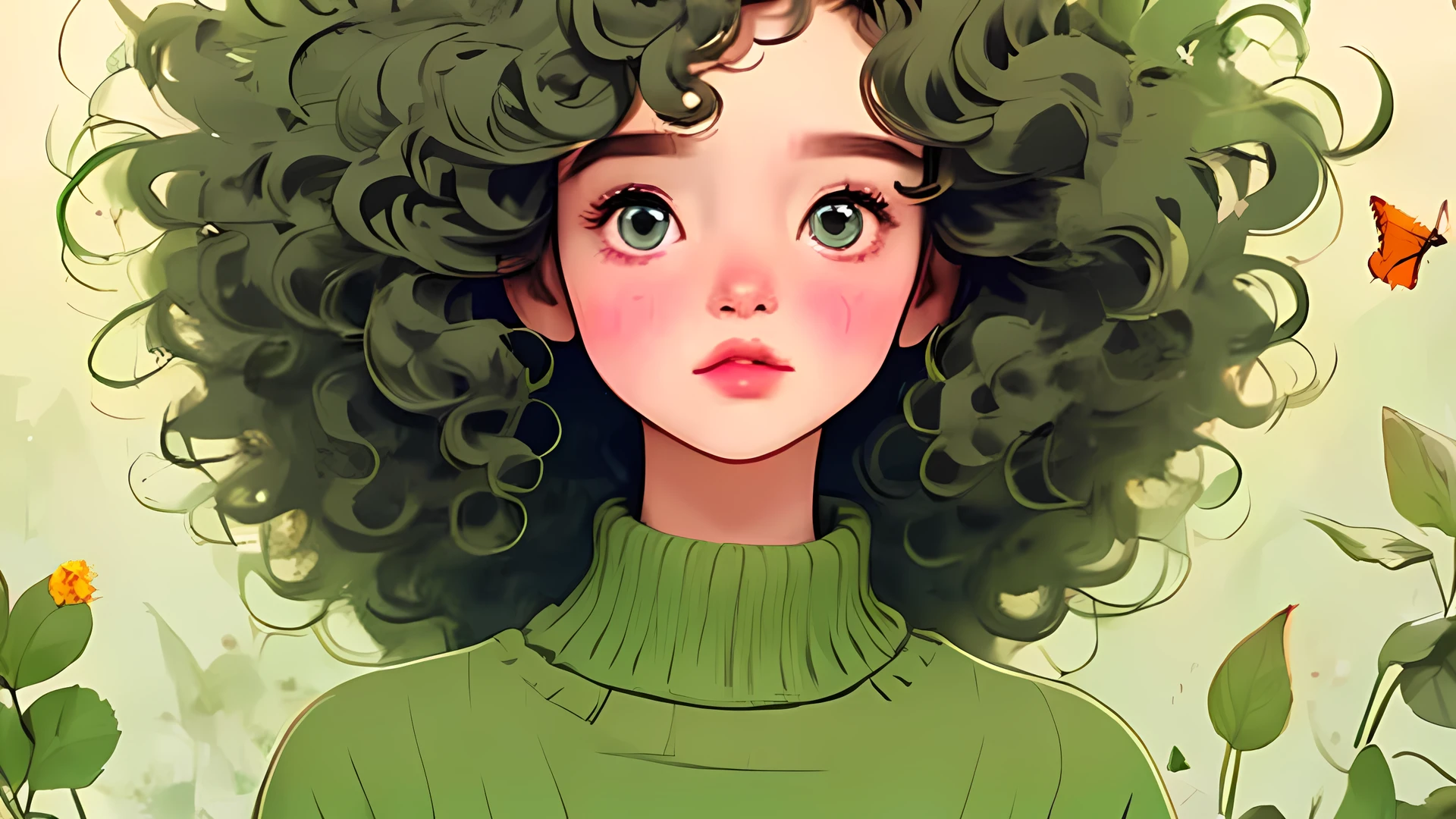 ( is the best quality,4K,8K, high resolution,masterpiece:1.2),Super detailed,(actual,photoactual,photo-actual:1.37),Unique style,Fascinating girl sitting,Exaggerated hair,hairy hair,Freckles, Exaggerated expressions , Surrealism, green polka dot sweater ,detail,,hairy,sock,Clean background,Hand-drawn style,Pencil drawing,Fascinating, Smooth Lines ,Clean silhouette,Cleansing Ingredients