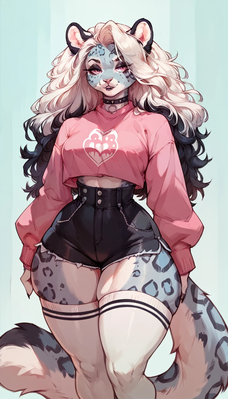 (solo)female anthro snow leopard ,Black long fluffy hair, fluffy hair,snow leopard ears, goth , attractive,pink shirt , high waist shorts, white stockings, thicc body, thicc body, thicc, she is standing, (thick thighs:1.5), front view