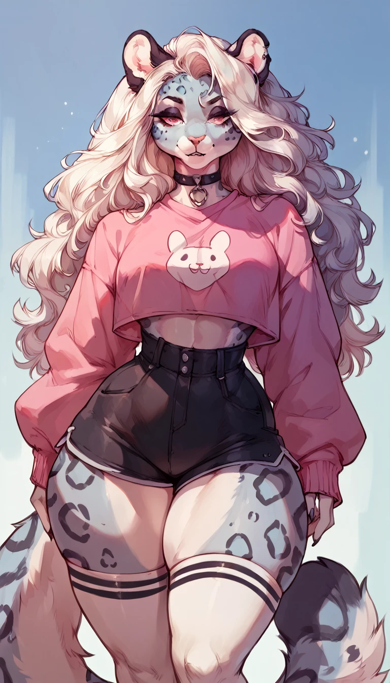 (solo)female anthro snow leopard ,Black long fluffy hair, fluffy hair,snow leopard ears, goth , attractive,pink shirt , high waist shorts, white stockings, thicc body, thicc body, thicc, she is standing, (thick thighs:1.5), front view