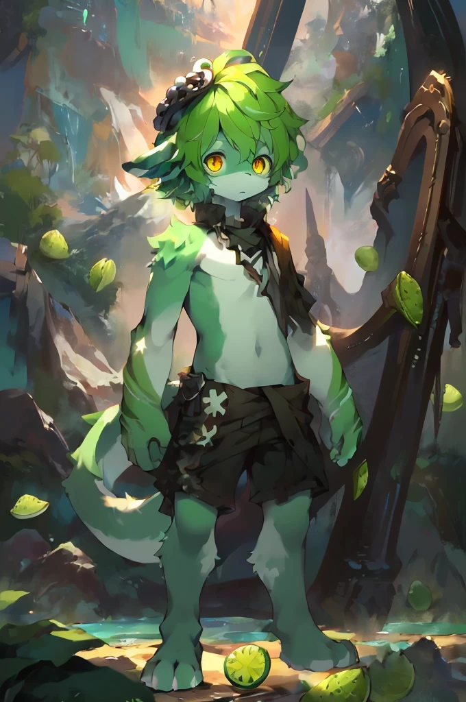 A small boy with large green fur on his arms, legs and face, two small horns on his forehead, vibrant green eyes and torn peasant clothes.