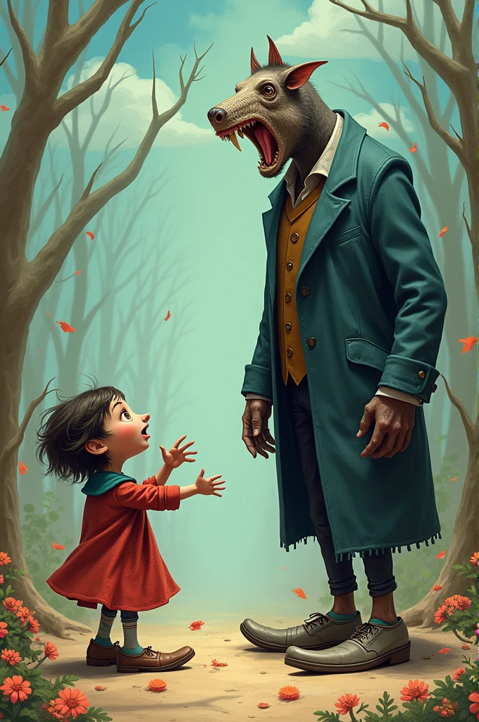 Characters:
On the right is a large, dark figure resembling an anthropomorphic creature with demonic features.. It has a completely black body, delgado, and no visible facial details, except for his bright white eyes that stand out on his gloomy face. Its head has two long, twisted horns that give it a disturbing and mysterious appearance.. He is dressed elegantly, as if wearing a dark suit, Although its details blend with its black figure.
at your side, There is a with short white hair. She is dressed in a simple white dress and her expression is cheerful and curious.. She is sitting on the ground and seems to extend her hand towards the dark figure., interacting with him in a friendly and fearless manner, which contrasts sharply with the sinister appearance of the creature.
action:
The dark figure holds in one hand a long, thin stick or branch that is being touched by the girl., as if exploring or playing with it. This interaction suggests a relationship of closeness and trust between the two., Despite the creature's terrifying appearance.