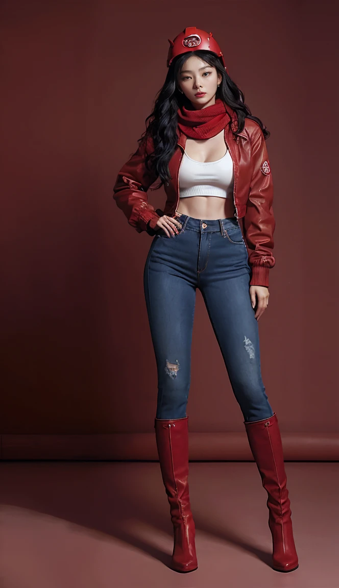 Accurate 、Full Body Photo 、Standing in her full height from head to toe 、Studio background  、Abs are cracked  、Sexy wavy body  、Big breast  、Big butt  、Proportional body  、Ideal body、Red tight skinny jeans 、 Seulgi from Red Velvet、Wearing a tight red jean jacket 、Ruby zero boots 、Holding a tablet、Ruby helmet 、Ruby red scarf.