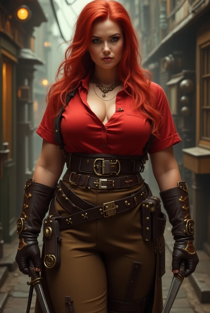 view from above, dutch angle, red haired Jennifer Garner as Elektra with goggles and gloves posing for a picture, (large bare breasts), ((cobalt blue eyes)), steam punk style, alice in wonderland cyberpunk, steampunk girl, steampunk pin-up girl, magic and steam - punk inspired, glamourous cosplay, steampunk beautiful anime woman, steampunk style, steam punk, rococo cyberpunk, wearing steampunk attire, steampunk!, steampunc, like lady mechanika, (((Looks like Jennifer Garner with red hair)))
