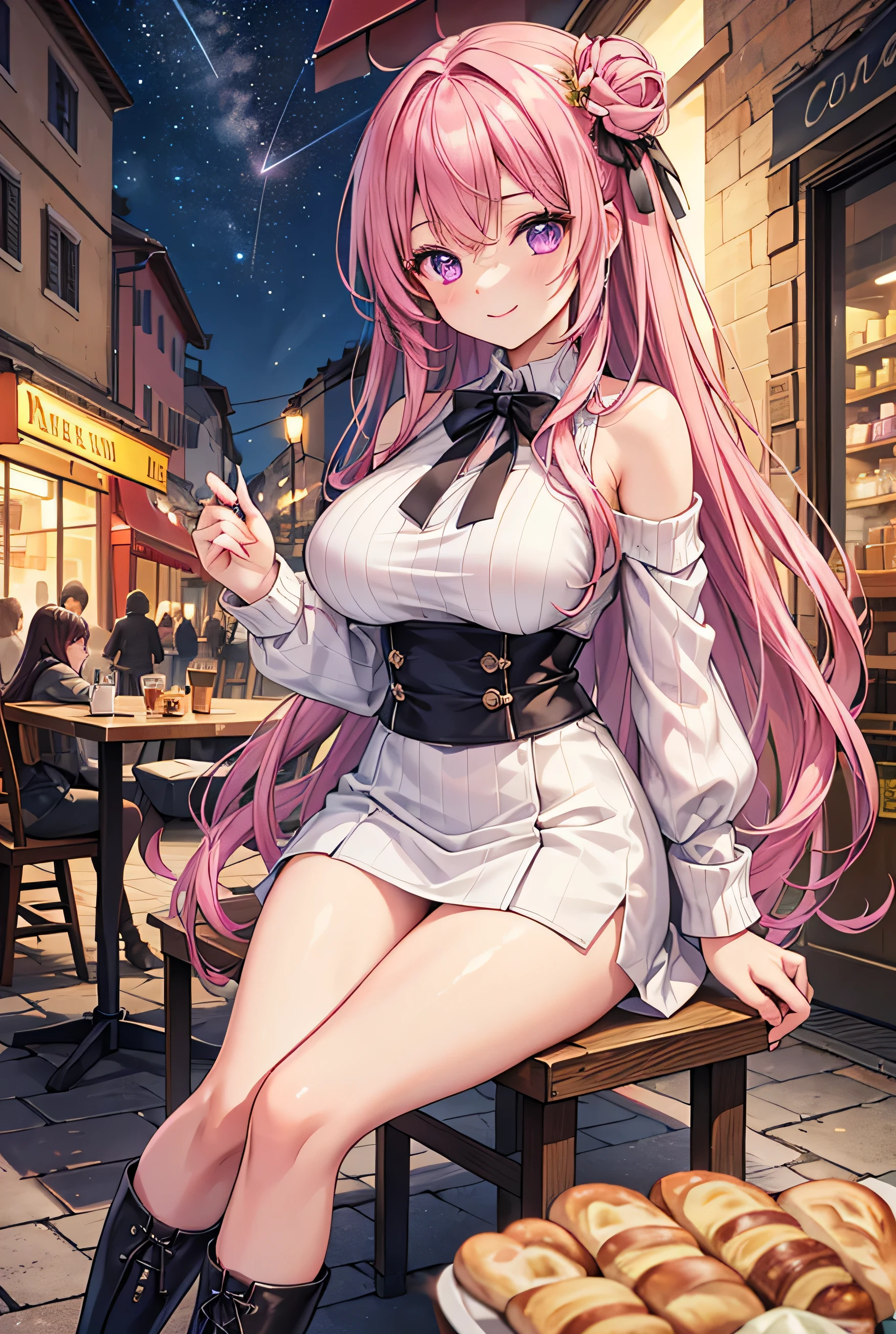  1 girl, solo,  High Resolution , Long Hair, (Large Breasts), smile, Woman in her 20s, Pink Hair,  simple background, Violet eyes,  High Resolution , masterpiece, accurate,  anatomically correct,  Multiple Award Winners , 最high quality,  detail, 高い detail,  high definition models, high quality, Retina,  very detailed ,  textured skin,  ultra-fine, Highlight the whole body, White knit,  miniskirt , Sit on a chair, autumn, night, Italian Streetscape , Italian cafe ,  with coffee, Bare legs, Terrace seats, Starry Sky, Hair accessories,  long boots for stepping on bread,