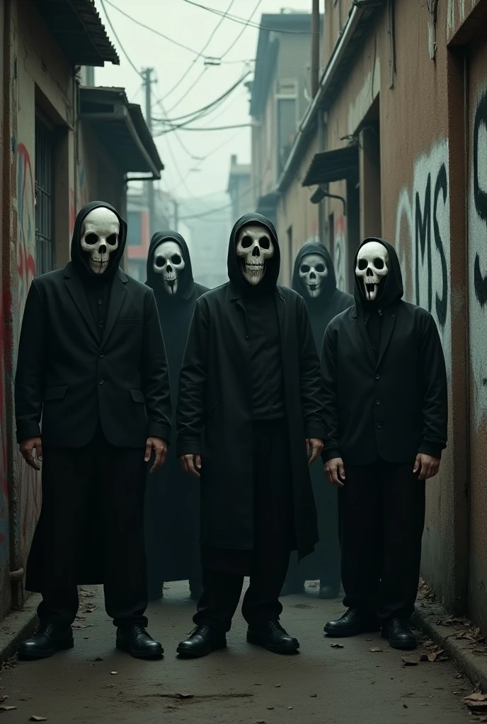 Five persons masks man, one leader, horror background in suite paint