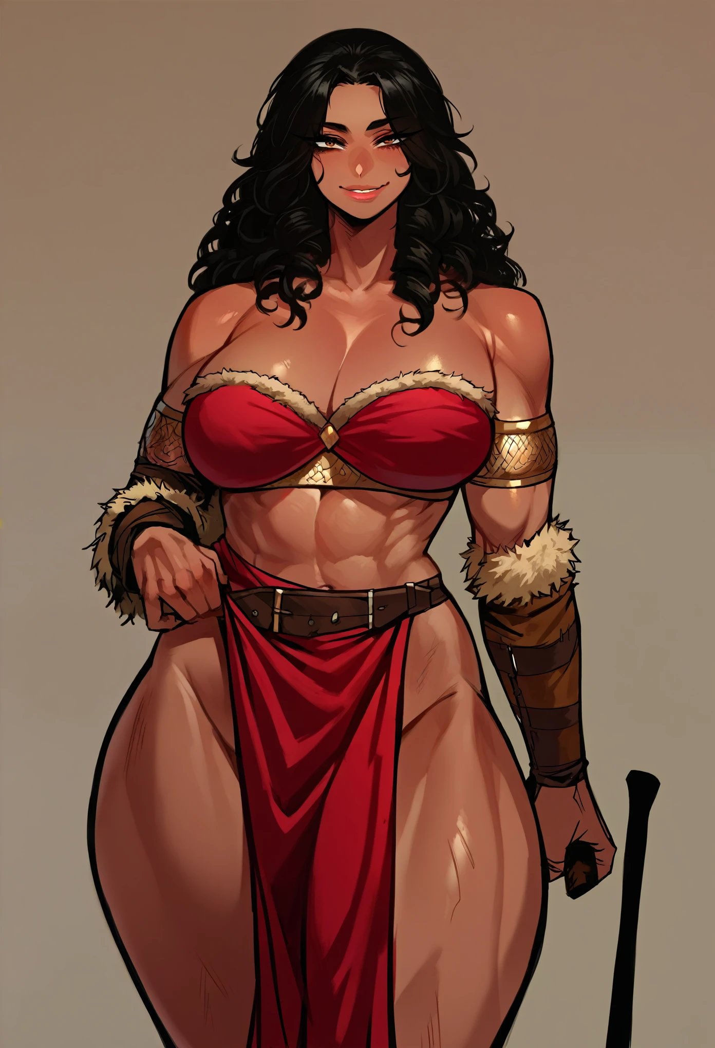 (score_9, score_8_up, seductive face, seductive expression), hyborean woman, warrior, barbarian, bronze skin, long curly black hair, hazel eyes, eyeliner, tall, amazonian, toned, fur bandeau bra, pelvic curtain, full lips, smile, feminine, wide hips, massive breasts, source_anime, rating_explicit