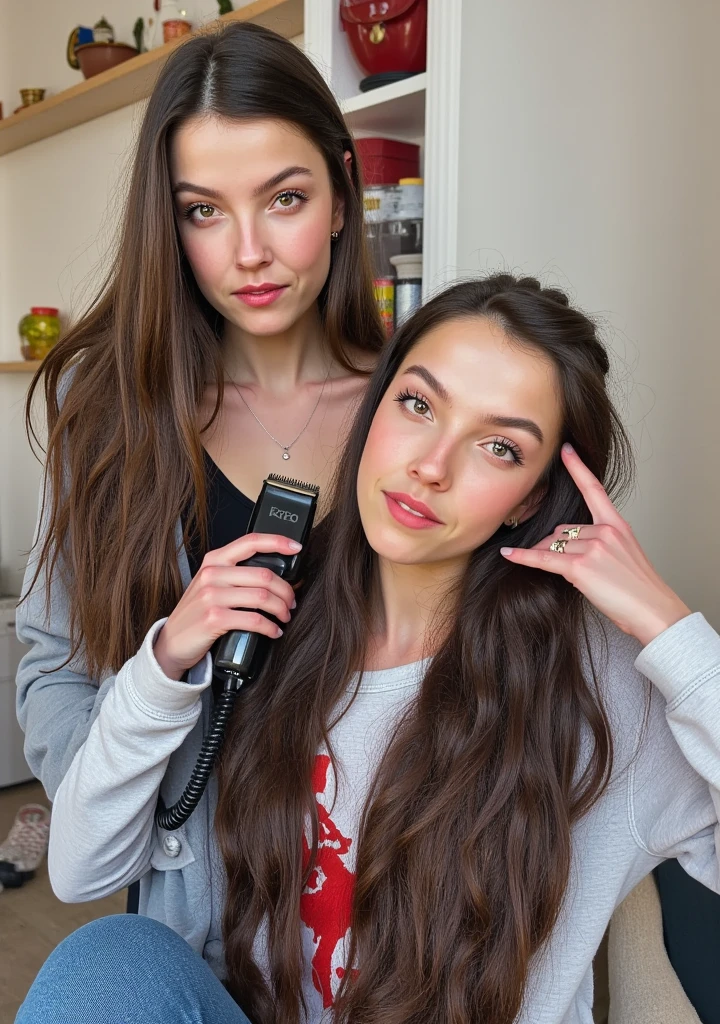 2 women, (((one woman her head is completely bald to pale skin))). (she is holding hair clippers which have already shaved half the other woman's head, hair has been cut off using them to shave the head of the other woman)). The other woman has (half a head of very long hair the other half of her head is shaved bald).
