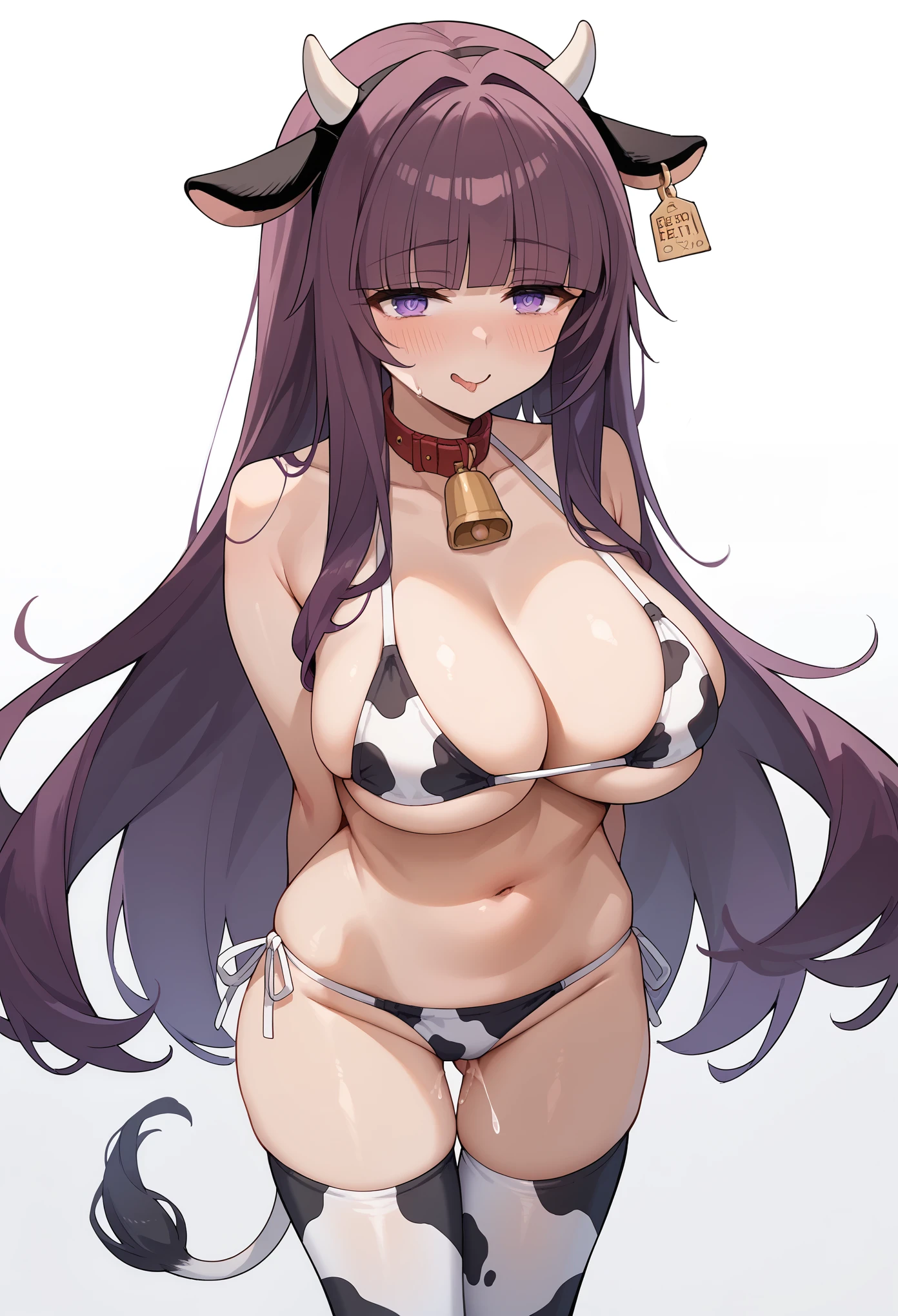 eta, purple hair, blunt bangs,large breast,, long hair,split,bikini,blush,uneven eyes,orgasm,((blush)),squinted eyes,collar,with bell,cow bikini,,cow tights,cow ears,cow horns,naughty face,hands on the breasts
