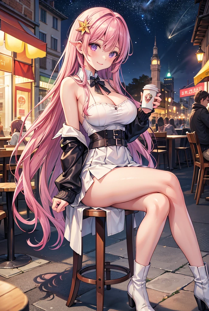  1 girl, solo,  High Resolution , Long Hair, (Large Breasts), smile, Woman in her 20s, Pink Hair,  simple background, Violet eyes,  High Resolution , masterpiece, accurate,  anatomically correct,  Multiple Award Winners , 最high quality,  detail, 高い detail,  high definition models, high quality, Retina,  very detailed ,  textured skin,  ultra-fine, Highlight the whole body, White knit,  miniskirt , Sit on a chair, autumn, night, Italian Streetscape , Italian cafe ,  with coffee, Bare legs, Terrace seats, Starry Sky, Hair accessories,  long boots for stepping on bread, Crossing your legs, White underwear,Panty shot,