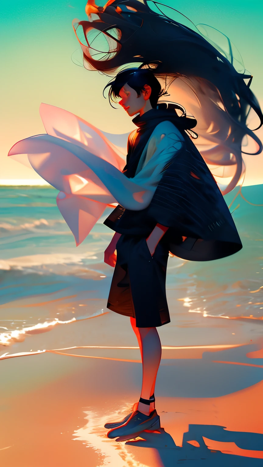 male、 Black Hair、Hair blowing in the wind 、 sandy beach、Sandy Beach、water&#39;s Edge、sunset