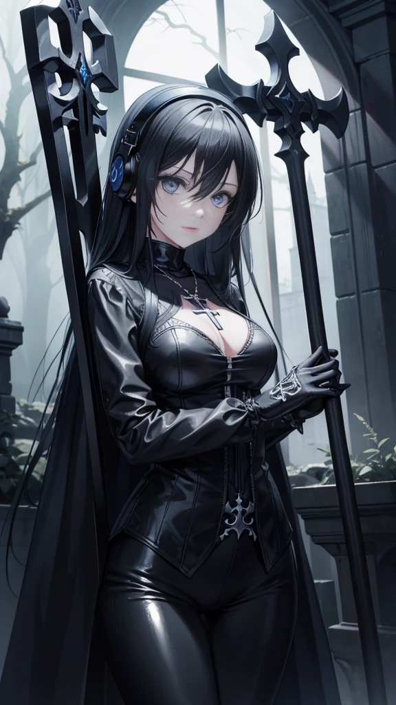(ruined city), grim reaper, black scythe, robe, absurdres, RAW photo, extremely delicate and beautiful, masterpiece, Best Quality, ultra high resolution, 32k, hyperrealistic, ultra-detailed, detailed description, pale skin, 20 years old, tearful mole, earring, short medium hair, wavy hair, whole body shot,