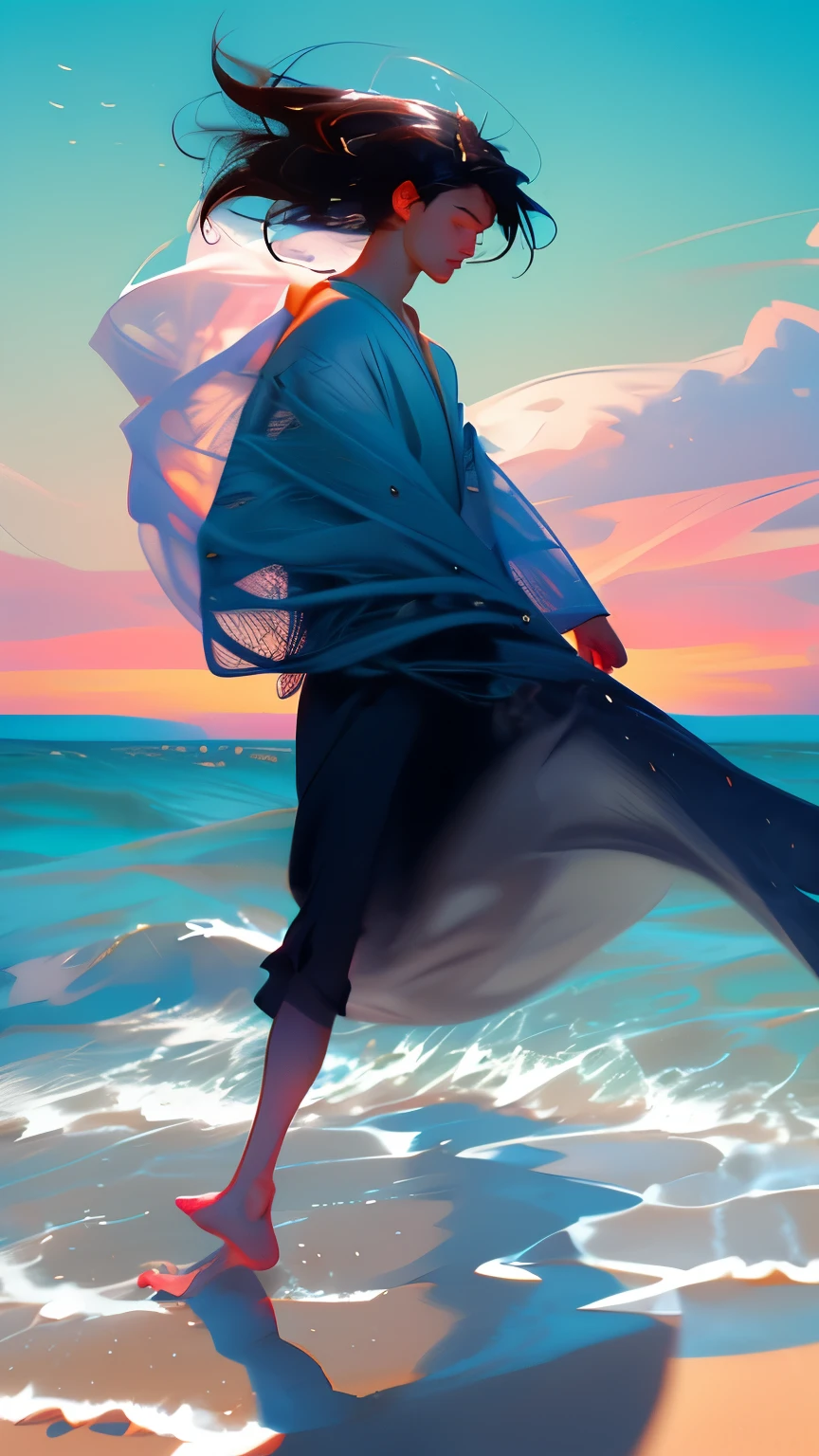 male、 Black Hair、Hair blowing in the wind 、 sandy beach、Sandy Beach、water&#39;s Edge、sunset