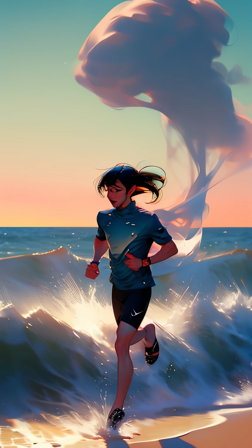 male、 Black Hair、Hair blowing in the wind 、Running、Sandy Beach、water&#39;s Edge、sunset