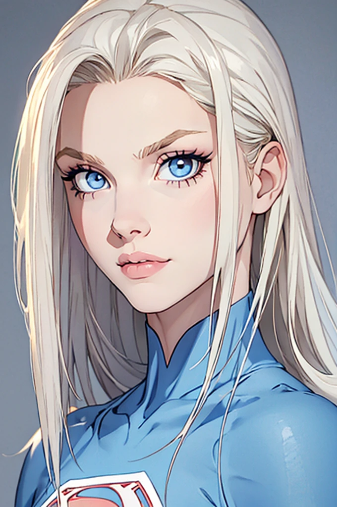 beautiful. perfect, blonde hair, medium hair, straight hair, blue eyes. (Location: gray wall, gray background). Vibrant Blue Eye. hair falling over one eye, emo bangs. perfect skin, white skin. thin nose, thin chin , supergirl portrait