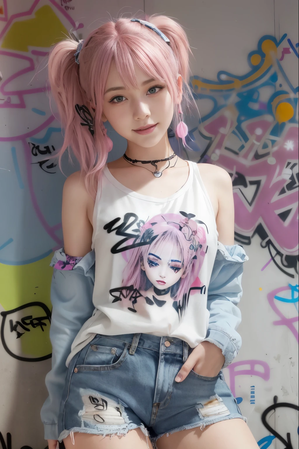(Random Porn Pose),(Random Hairstyles),(Best image quality,(8k),Ultra-realistic,最high quality, high quality, High resolution, high quality,Attention to detail,Beautiful details,Fine details,Highly detailed CG,Detailed Texture,Realistic facial expressions,masterpiece,in front),See-throughブラ,tight,stockings,Pink Hair, Shorts, (((Tight waist))), ((Big Breasts)),(See-through),(((He has many tattoos all over his body)),