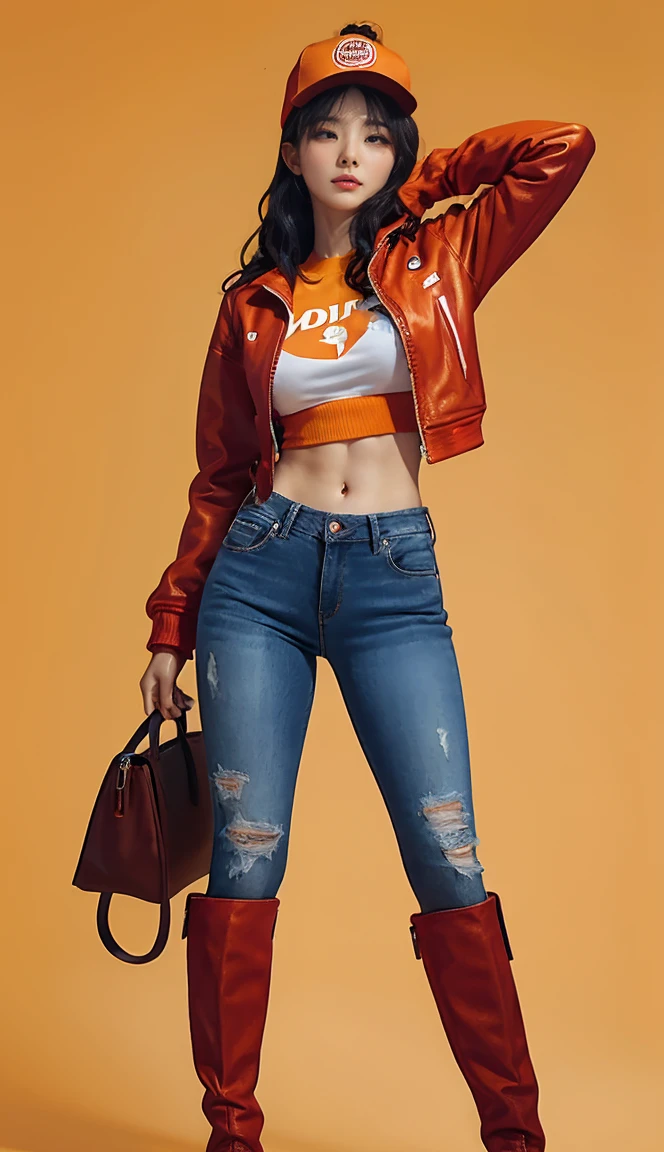 Accurate  、 Full Body Photo  、 Standing in her full height from head to toe 、Abs are cracked  、Proportional Body  、Wavy Sexy Body  、Big breast  、Big Butt  、Ideal Body  、Seulgi from Red Velvet  、Red tight jean jacket and orange sando inside  、Orange tight skinny jeans  、Ruby high boots  、Orange gloves  、Studio background   、Orange cap.