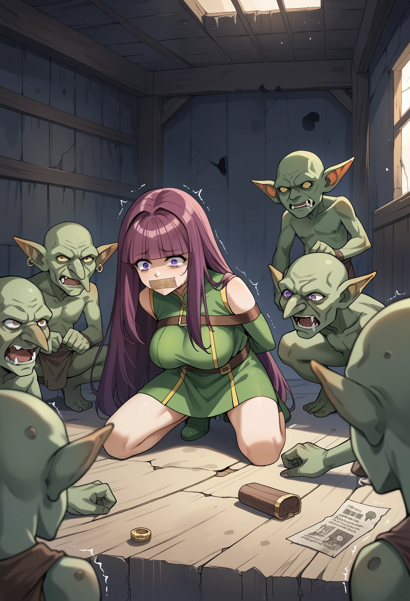 eta, purple hair, blunt bangs,large breast,, long hair, attacked by monsters, bound tape gag, abandoned basement, indoor, high quality,score_9,score_8_up,score_7_up,multiple monsters, group ,miscegenation,trembling, sad, goblin monster,creepy goblin,goblin cling to the girl,goblin attacking girl,pervert goblin, goblin monster, pinch,background filled with goblin,resistance,struggle, BREAK 1girl, clover \(totally spies\), (defeated), labolatory room
