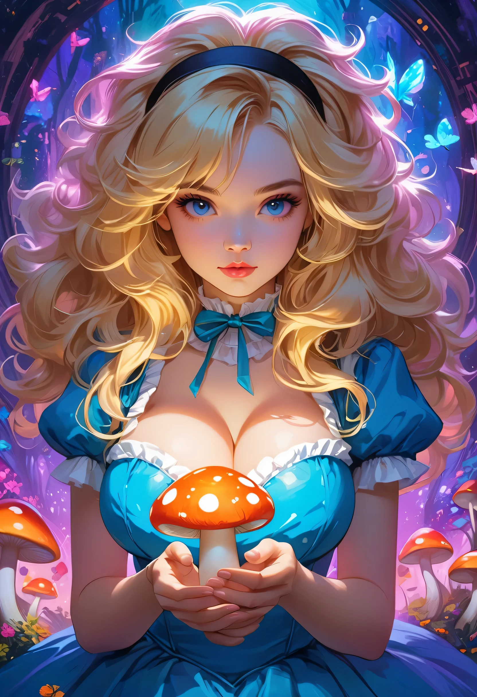 a beautiful 20 year old blonde woman with big messy hair in a blue dress, white stockings, black headband, cleavage, holding a glowing mushroom, fantasy art style, rossdraws cartoon vibrant, alice x. zhang, alice in wonderland cyberpunk, cute detailed digital art, colorfull digital fantasy art, digital fantasy art ), glossy digital painting, rossdraws pastel vibrant, rossdraws 2. 5, rossdraws 1. 0