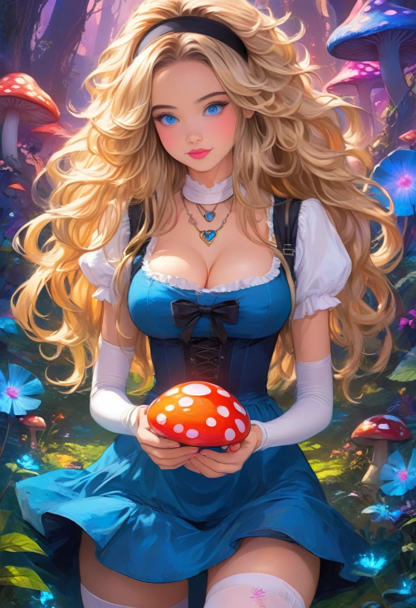 a beautiful 20 year old blonde woman with big messy hair in a blue dress, white stockings, black headband, cleavage, holding a glowing mushroom, fantasy art style, rossdraws cartoon vibrant, alice x. zhang, alice in wonderland cyberpunk, cute detailed digital art, colorfull digital fantasy art, digital fantasy art ), glossy digital painting, rossdraws pastel vibrant, rossdraws 2. 5, rossdraws 1. 0