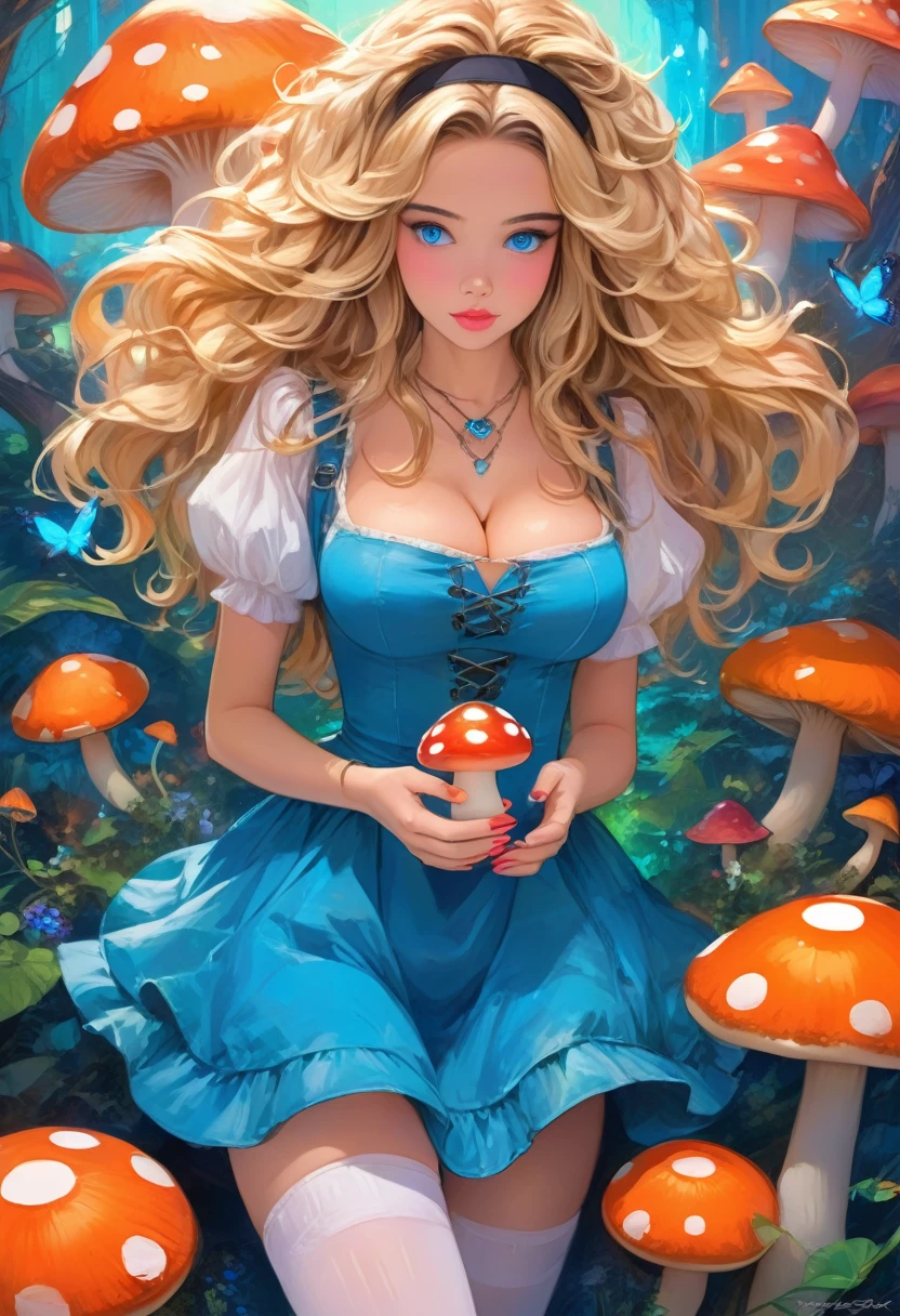 a beautiful 20 year old blonde woman with big messy hair in a blue dress, white stockings, black headband, cleavage, holding a glowing mushroom, fantasy art style, rossdraws cartoon vibrant, alice x. zhang, alice in wonderland cyberpunk, cute detailed digital art, colorfull digital fantasy art, digital fantasy art ), glossy digital painting, rossdraws pastel vibrant, rossdraws 2. 5, rossdraws 1. 0