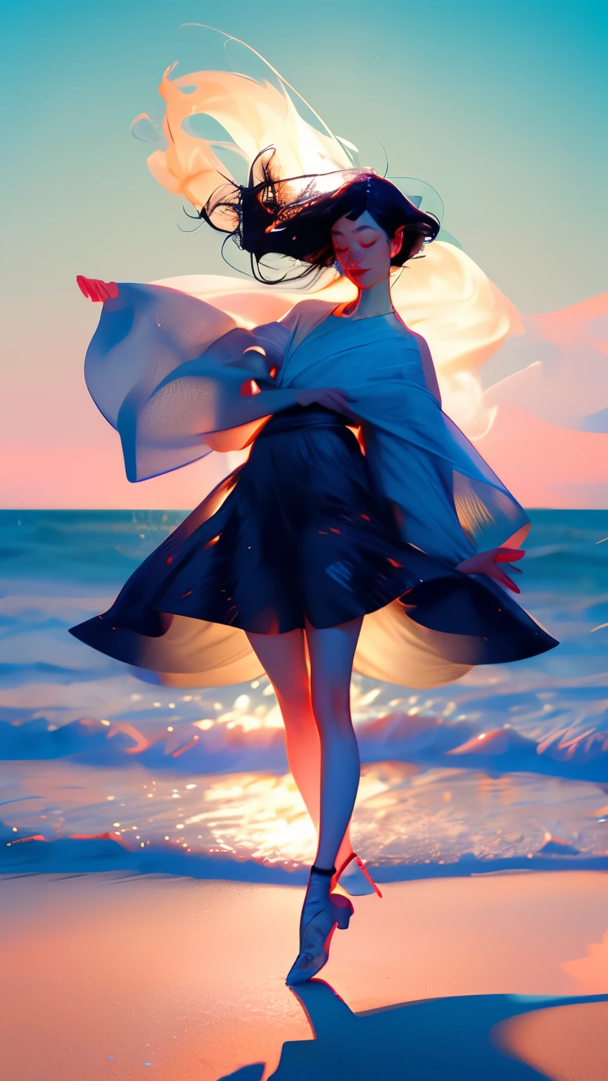 AI generates an ethereal scene featuring a slim girl with black hair. Her right arm reaches out with an open hand toward the surface of azure water, set against a pink-orange sky. The minimalistic beach scene portrays a faintly smiling girl underwater, surrounded by subtle water splash effects. The sun and moon grace opposite corners of the sky, creating a surreal atmosphere with a poetic blend of elements.