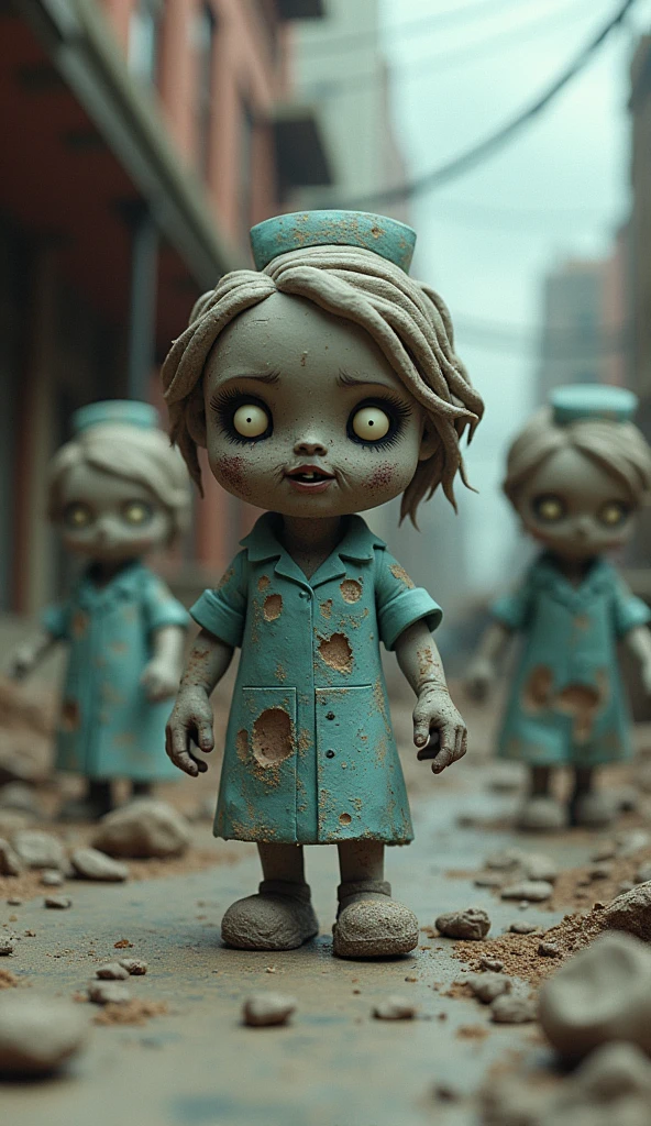 Overlooking : Group of post-apocalyptic zombie nurses made from animated clay, outside : A downtown hospital made from clay. Powdery clay . Diorama. Everyday Scenes. Dark Comics. Pop sour colors.